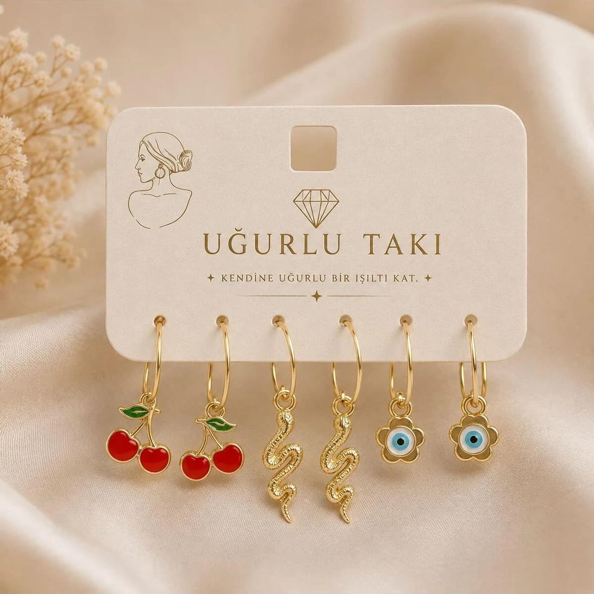 6'lı Gold Renk Sallantılı Kadın Küpe Seti – ön görünüm