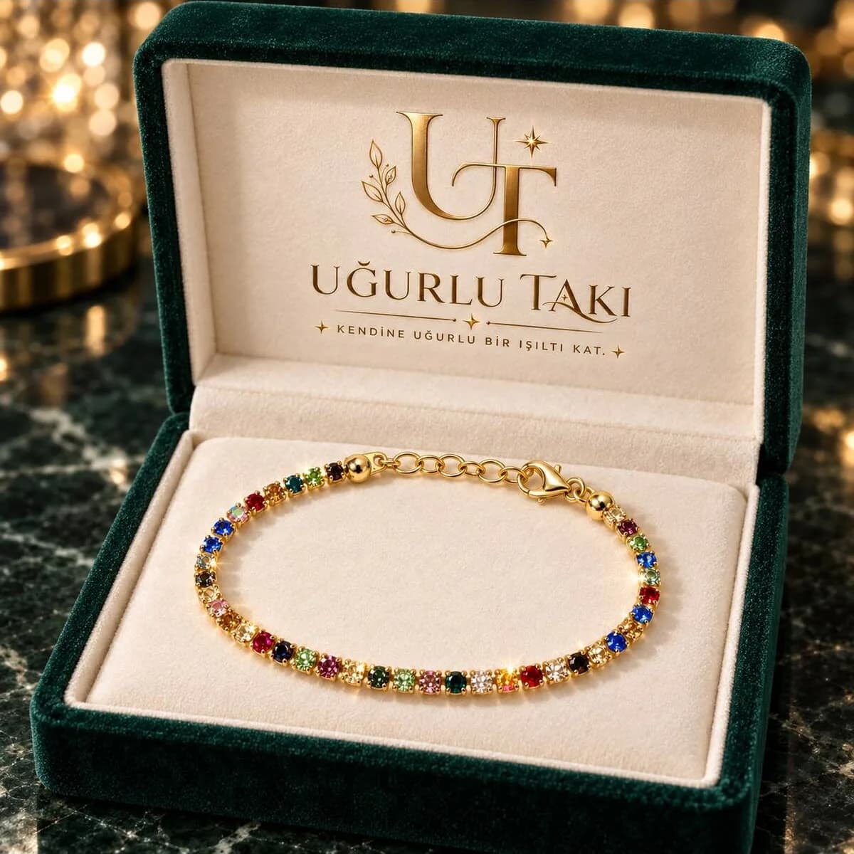 Altın Renk Gökkuşağı Işıltısı Taşlı Su Yolu Bileklik – ön görünüm