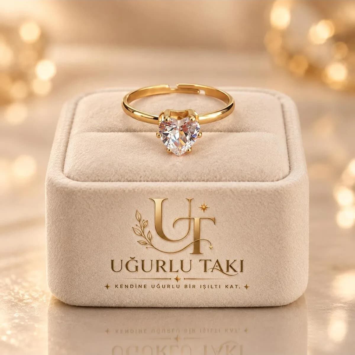 Kalp Kesim Tektaş Gold Renk Ayarlanabilir Kadın Yüzük – ön görünüm