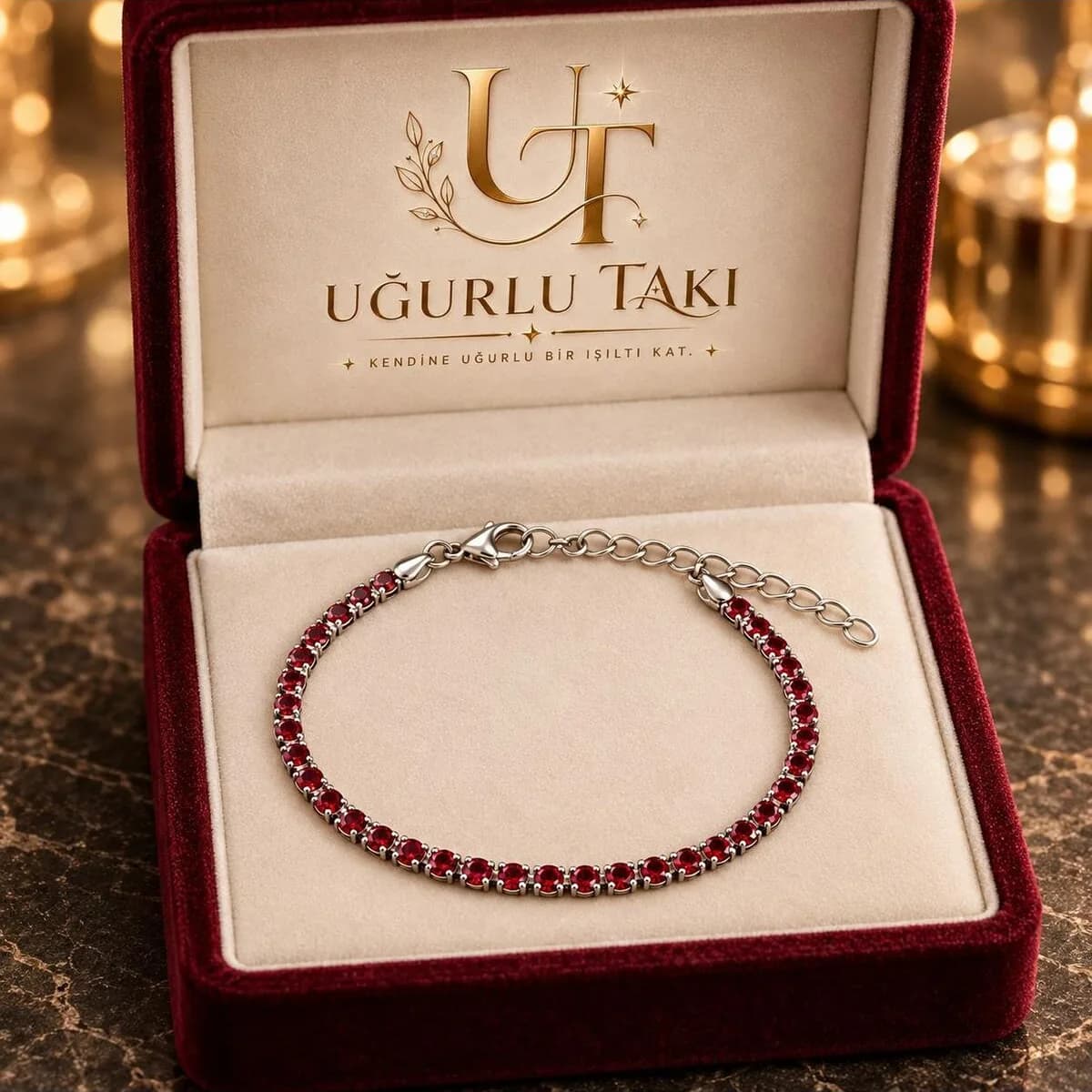 Kırmızı Zirkon Taşlı Gümüş Renk Su Yolu Bileklik – ön görünüm