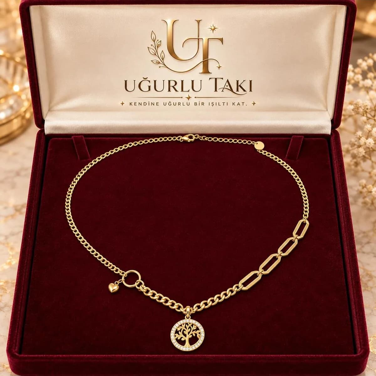 Yaşam Bağı Taşlı Hayat Ağacı Altın Renk Kadın Kolye – ön görünüm